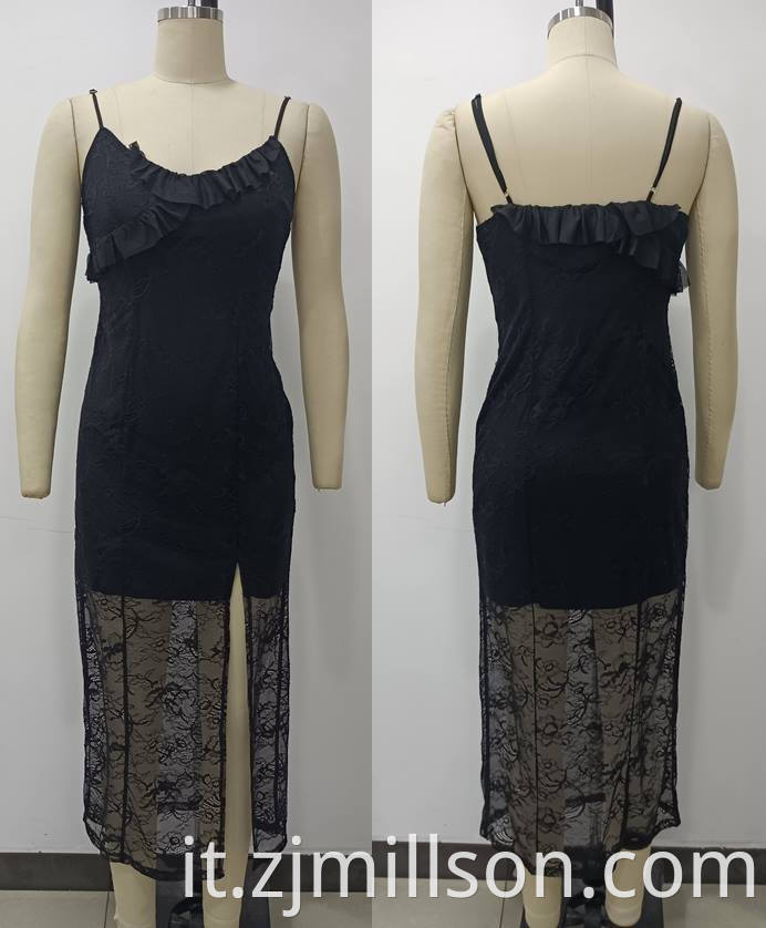 Knitting Black Lace Shoulder Staps Slit Dress